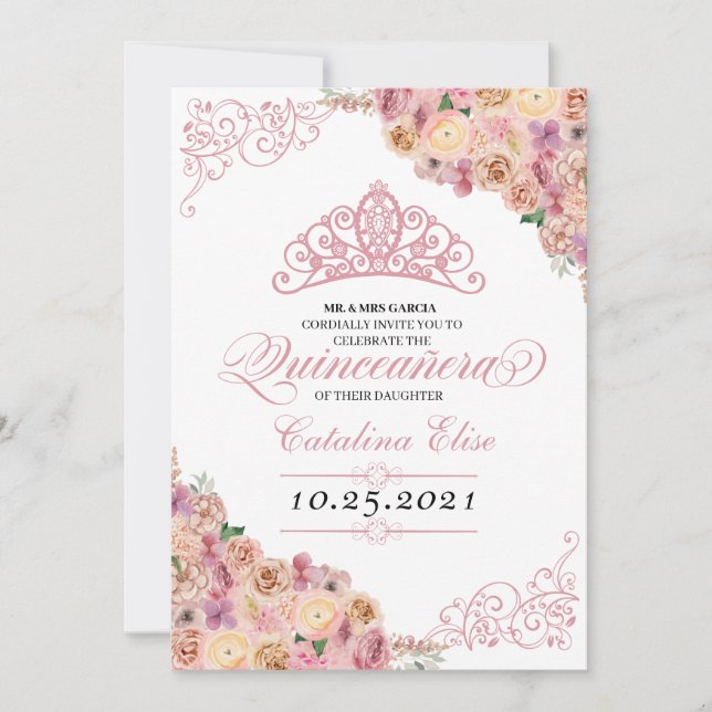  Rosa Peach Blommigt Quinceanera Birthday Inbjudningar (Framsida)