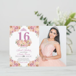 Rosa Peach Blommigt Sweet 16 Birthday Photo Inbjudningar