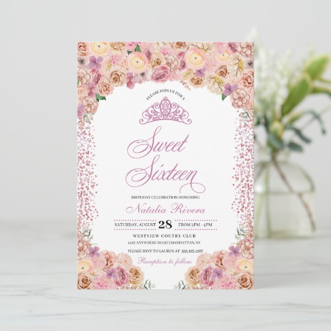  Rosa Peach Blommigt Sweet sixteen Birdag Inbjudningar (Stående Fram)