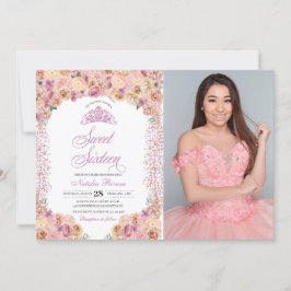 Rosa Peach Blommigt Sweet sixteen Birdag Inbjudningar