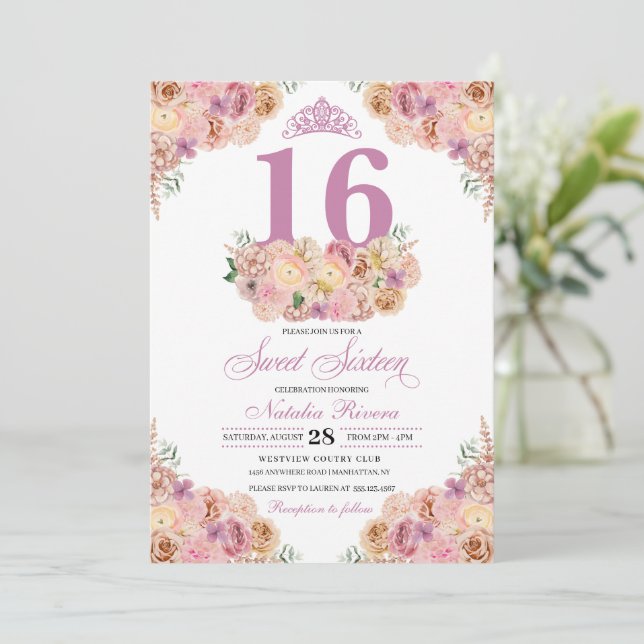  Rosa Peach Blommigt Sweet sixteen Birthday Inv Inbjudningar (Stående Fram)
