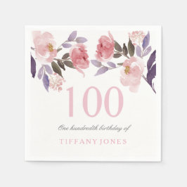 Rosa Peach Blommigt Vattenfärg 100:e födelsedagen Pappersservett