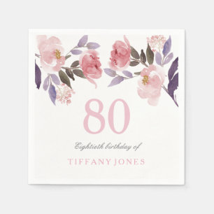 Rosa Peach Blommigt Watercolor 80 Birthday Pappersservett