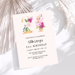Rosa Peach-blommigtens nummer guld lyx 21:a födels Inbjudningar<br><div class="desc">En modern,  snyggt och glamorös inbjudan till 21-årsdagen party. En persiko-färgadens bakgrund. Orderat med formnummer i faux guld och rosa. Namn är skrivet med ett modernt handskript i stil. Anpassa och lägg till information om party.</div>