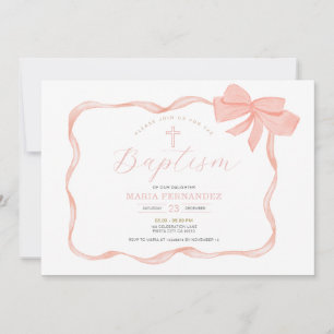 Rosa Peach Bow Christening-inbjudan Inbjudningar