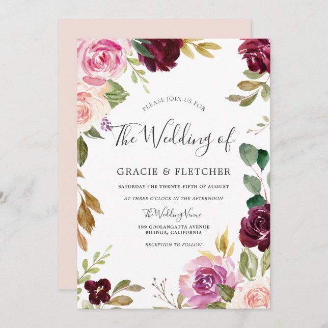  Rosa Peach Burgundy Blommigt Utandning Bröllop Inbjudningar (Fram/baksida)