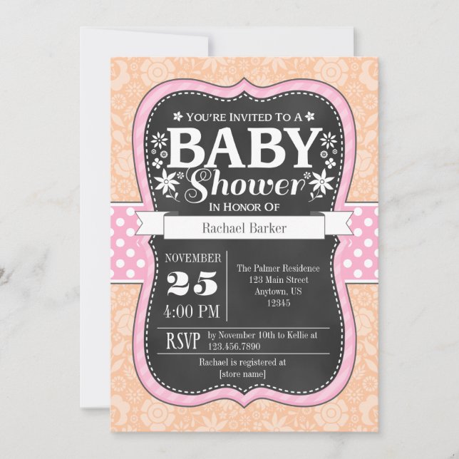 Rosa Peach Chalkboard Blommigt Baby Shower Inbjuda Inbjudningar (Framsida)