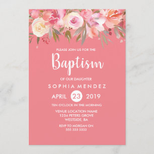 Rosa Peach Coral Watercolor Baptism Inbjudan