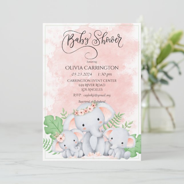 Rosa Peach Elephant Watercolor Baby Shower Inbjudningar (Stående Fram)