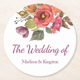 Rosa Peach Fall Elegant Blommigt Bröllop Underlägg Papper Rund