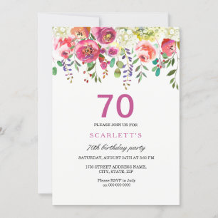 Rosa Peach Flowers 70:e Födelsedagsfest inbjudan