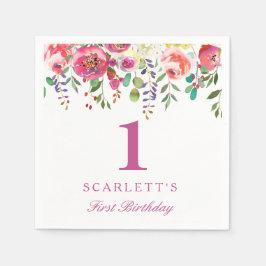 Rosa Peach Flowers Girl 1st Birthday Party Napkin Pappersservett
