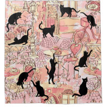 Rosa Peach Fransk Cat Paris Cafe Shower Curtain