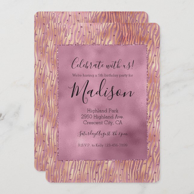 Rosa Peach Glitzy Glitter Gnistra Zebra tryck Inbjudningar (Fram/baksida)