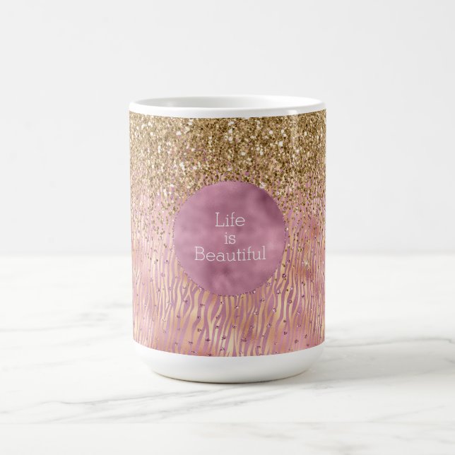 Rosa Peach Glitzy Guld Glitter Gnistra Zebra tryck Kaffemugg (Center)