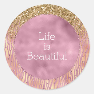 Rosa Peach Glitzy Guld Glitter Gnistra Zebra tryck Runt Klistermärke