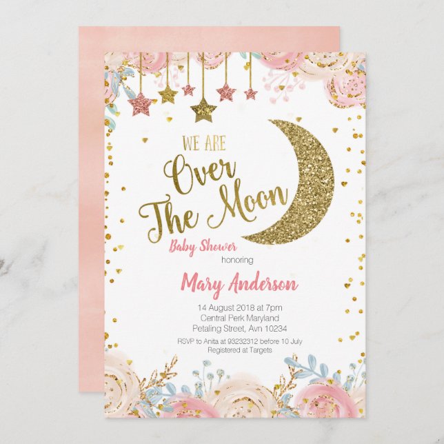 Rosa Peach Guld Måne Baby Shower for girl Inbjudningar (Fram/baksida)