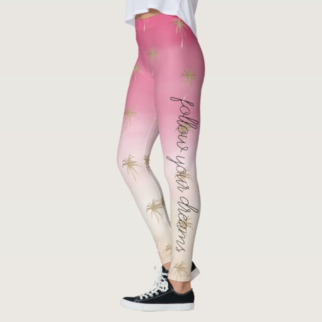 Rosa Peach Guld Tropical Handflatan Träd Ombre Leggings (Vänster)