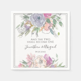 Rosa Peach Lila Blommigt Grått Ram Bröllop Pappersservett