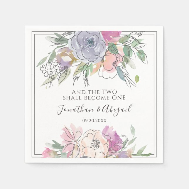  Rosa Peach Lila Blommigt Grått Ram Bröllop Pappersservett (Framsidan)