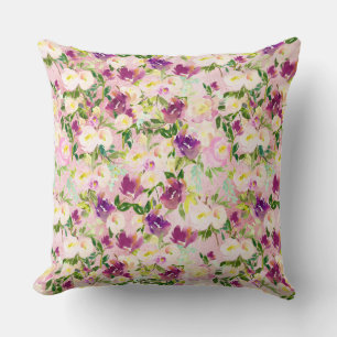 Rosa Peach Lila Burgundy Watercolor Blommigt Kudde