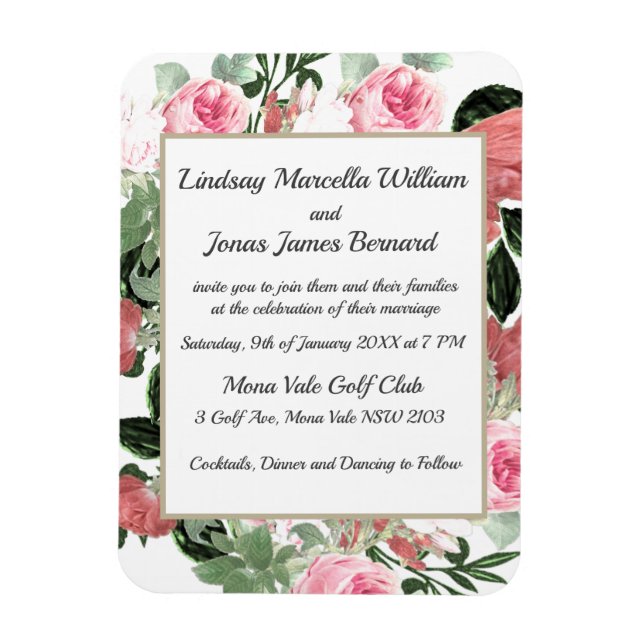 Rosa Peach Magnolia Blommigt Bröllop Magnetic Card Magnet (Vertikal)