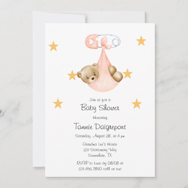 Rosa Peach Nalle Diaper Girl Baby Shower Inbjudningar (Framsida)
