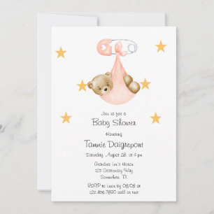 Rosa Peach Nalle Diaper Girl Baby Shower Inbjudningar