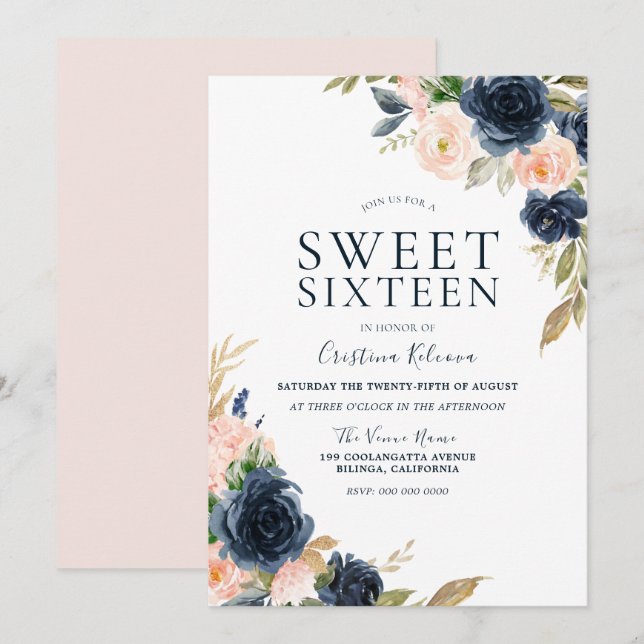  Rosa Peach & Navy Sweet 16 Födelsedagsfest Inbjudningar (Fram/baksida)