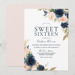  Rosa Peach & Navy Sweet 16 Födelsedagsfest Inbjudningar