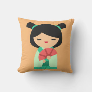 Rosa Peach och aqua Kokeshi Japanska dockor Kudde