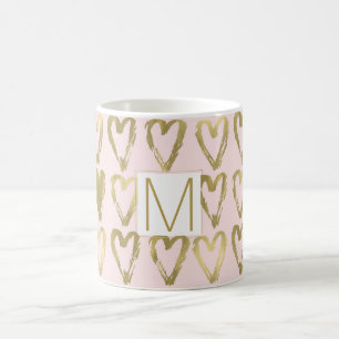Rosa Peach och Guld Hearts Monogram Kaffemugg