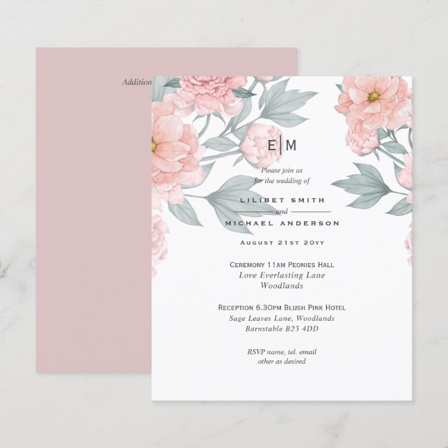  Rosa Peach PEONIES Bröllopsmottagning (Fram/baksida)