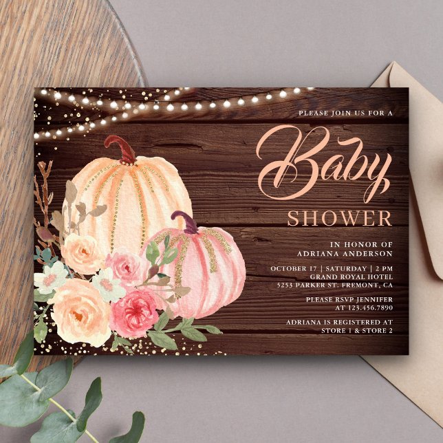 Rosa Peach Pumpkin Blommigt Barn Wood Baby Shower Inbjudningar (Skapare uppladdad)
