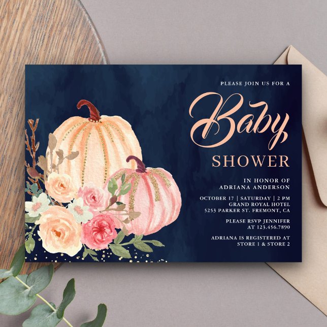 Rosa Peach Pumpkin Blommigt Navy Blue Baby Shower Inbjudningar (Skapare uppladdad)