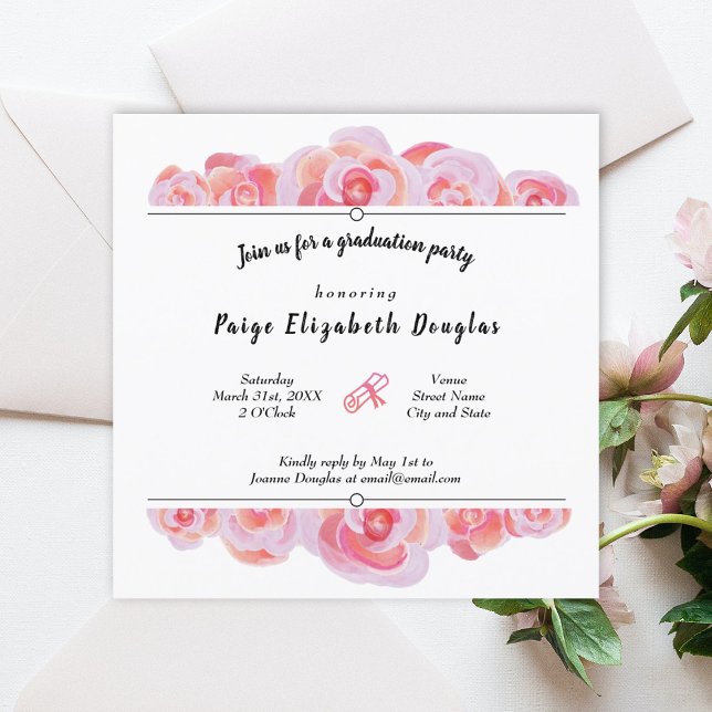 Rosa Peach Ro Studentfest-inbjudningar Inbjudningar (peach black botanical roses graduation party invitation pink diploma pink graduate grad flowers )
