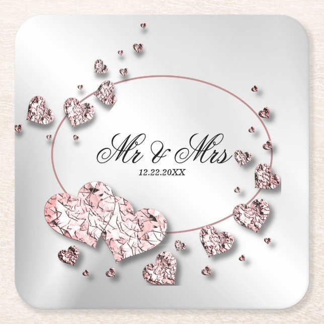 Rosa Peach Shiny Hearts Geometric Elegant Underlägg Papper Kvadrat (Framsidan)