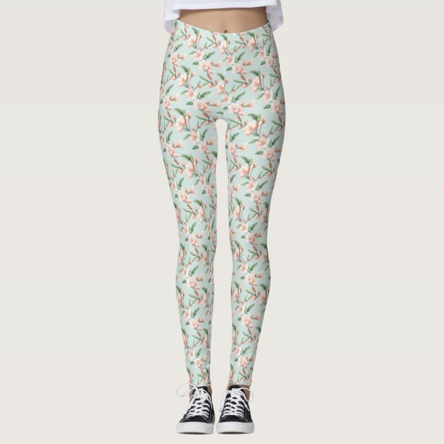 Rosa Peach Träd Blommar Allt-over-Print Leggings (Framsida)