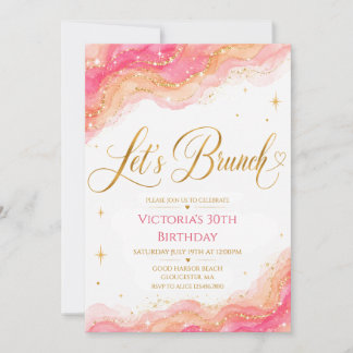 Rosa Peach Vattenfärg Guld Glitter Låt oss Brunch Inbjudningar