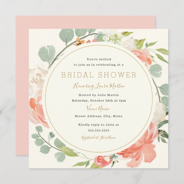Rosa Peach WAN Blommigt Inbjudningskort för möhipp (Fram/baksida)