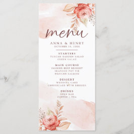 Rosa Peach Watercolor Blommigt Löv Bröllop Meny