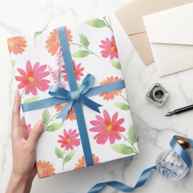 Rosa Peach Watercolor Daisy Mönster Presentpapper (Gifting)