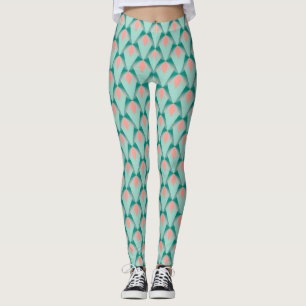 Rosa Peach Yukka och Grönt Art Deco Mönster Leggings
