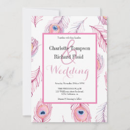Rosa Peacock Feathers Bröllop Inbjudningar