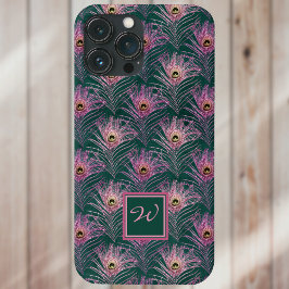 Rosa Peacock Feathers och Monogram on Deep Grönt
