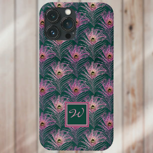 Rosa Peacock Feathers och Monogram on Deep Grönt