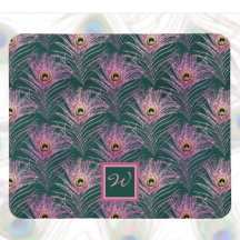 Rosa Peacock Feathers och Monogram on Deep Grönt