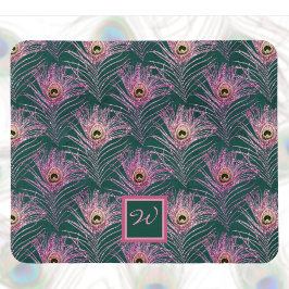 Rosa Peacock Feathers och Monogram on Deep Grönt Musmatta