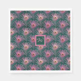 Rosa Peacock Feathers och Monogram on Deep Grönt Pappersservett
