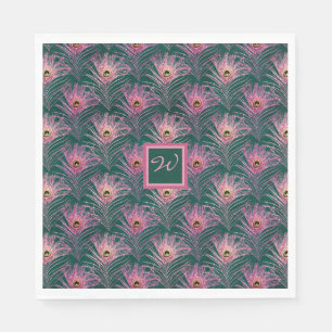 Rosa Peacock Feathers och Monogram on Deep Grönt Pappersservett
